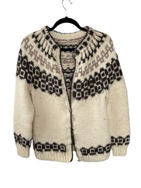 Vintage Hand-Knit Icelandic Nordic Fair Isle Wool Cardigan Sweater Cream Brown